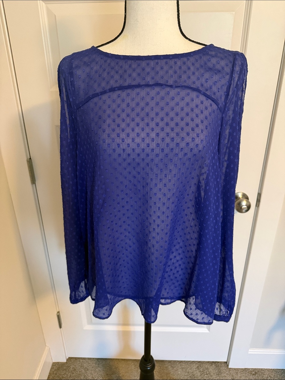 BCBGeneration| Sheer Swiss Dot Long-Sleeve Open Back Blouse- Royal Blue